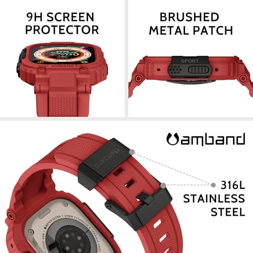 Image of amBand Bands Case Screen Protector Compatible with Apple Watch Ultra 3 /2 /1 49mm, M1 Sport Series Rugged Cover Strap and 9H Tempered Glass Film, Protective Bumper for iWatch 49 mm Men - Mars Red