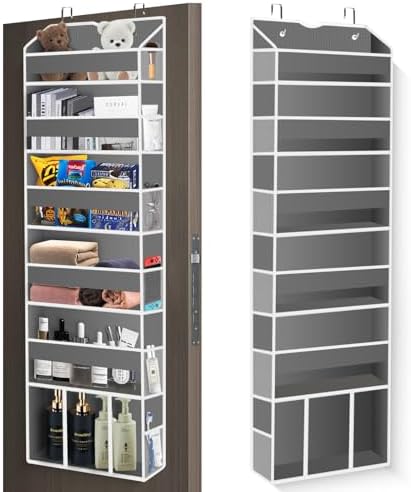 Over The Door Organizer Closet,6 Bins 12 Side Pockets,Hanging Organizer,Anti Tilt 50 lbs Load Organizers and Storage with Clear Window for Bedroom,Nursery,Rv,Bathroom,Camper(Grey)