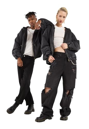 Oversized Black Denim Hooded Jacket for Unisex, 100% Cotton with Faded Vintage Effects Zipper Jacket