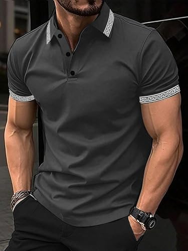 UOUA Mens Casual Polo Shirts Classic Short Sleeve Collared T Shirt Button Golf Slim Fit Tee Tops2