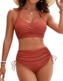 Blooming Jelly Womens High Waisted Bikini Sets V Neck Two Piece Swimsuit Tummy Control Bathing Suit (Large, Red)