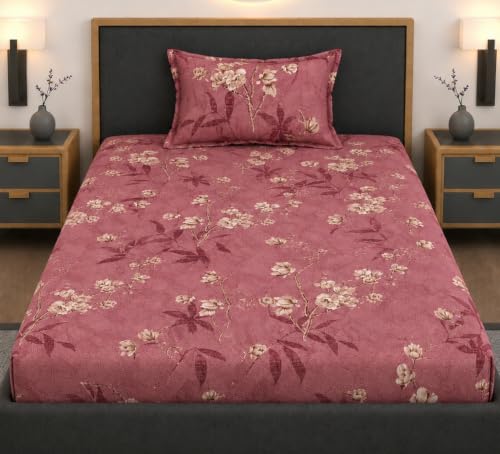 Image of Premium Heavy Cotton Elastic Fitted Bedsheets with 1 King Size Pillow Covers || Single Bed with All Around Elastic 350 TC || 36 x 78 x 6 Inch Single Size Fitted || :- Maroon Flower