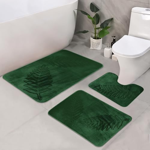 Fycyko Bad Teppiche Set, Badezimmerteppich 3 Stück, Badematte mit Blättermuster,WC Vorleger mit Ausschnitt,Badvorleger rutschfest Waschbar Weihnachtsgrün – Bild 3