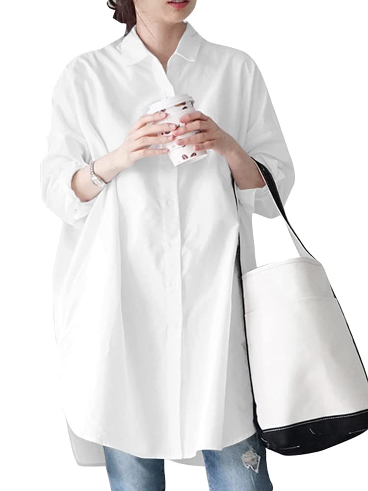 ZANZEAWomen's Shirts Long Sleeve Button Down Blouses Cotton Linen Plus Size Tops Casual V Neck Roll up Sleeve Oversized Shirt Beach Cover Up