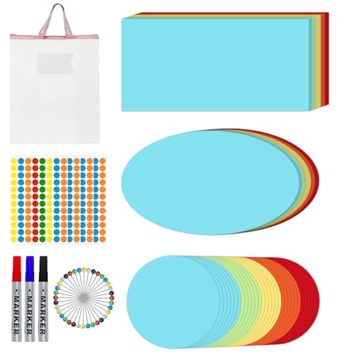 Moderationskarten Set 250 Stück Presentation Cards Rund Rechteckig Oval Präsentationskarten Bunt Moderationskoffer Flipchart-papier mit Dokumentenmappe A4 Lackmarker Stecknadeln Punktaufklebern