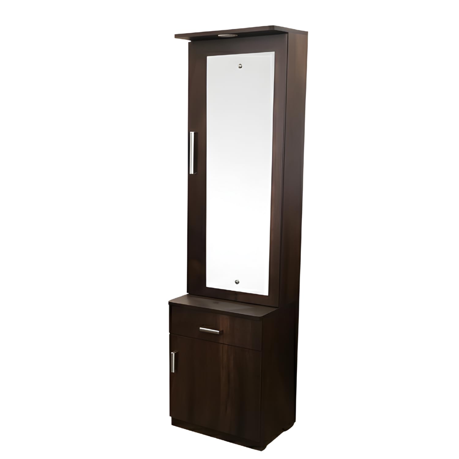 CASPIAN Engineered Wood Single Door Vanity Dressing Table (Rainforest Brown) | Pre-Assembled Furniture with Mirror & LED Light | Makeup & Accessories Organizer with 4 Shelves, 1 Cabinet & 1 Drawer 4