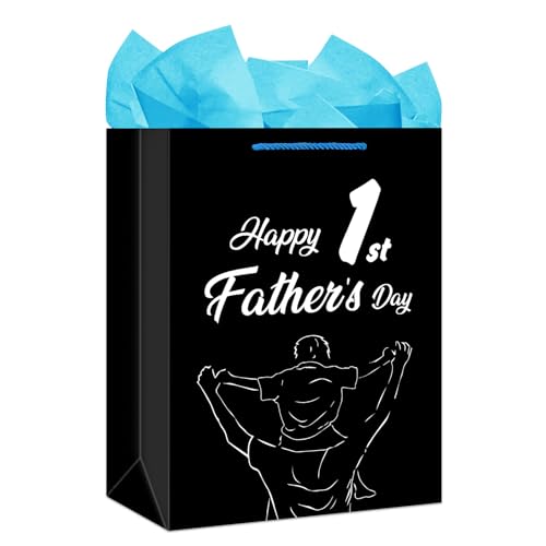 FLYAB First Fathers Day Gift Bag - Happy 1st Father's Day Gift Bag with Tissue Paper 11.5'x9'x5' with Handle for Men to Be New Dad Fathers Day Gift for Husbands from Wife