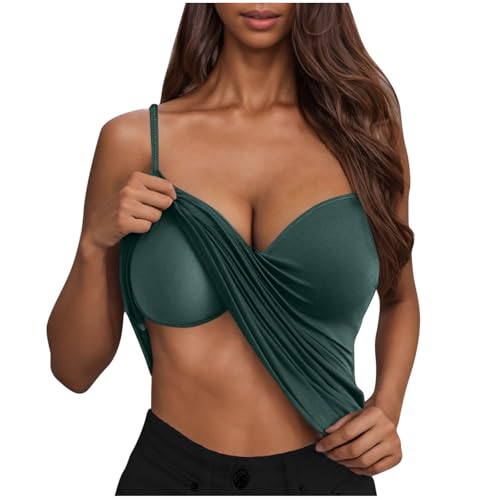 Women Spaghetti Strap Tank Tops with Built in Shelf Bra Sleeveless Sleepwear Solid Color Camisole Casual Nightwear Army Green