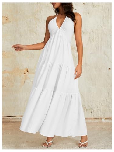 OYOANGLE Women's V Neck Tie Backless Halter Dress Ruched Flowy Wedding Vacation Maxi Dresses3