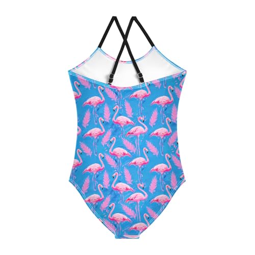 senya Girls Swimsuits One-Piece Swimwear Tie Bathing Suit Beach Summer Round Neck 9-10T Flamingo Palm Leaves Pattern2