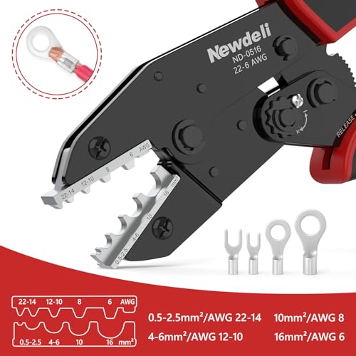 Image of Newdeli Wire Crimping Tool for Non Insulated Butt Wire Connectors - AWG 22-6 Ratchet Wire Crimper Tool Electrical Non Insulated Ring Terminals Ratcheting Crimping Plier Crimp Tool