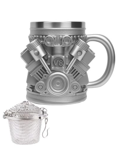 Taza de acero inoxidable con diseño de motor V8, 15 oz