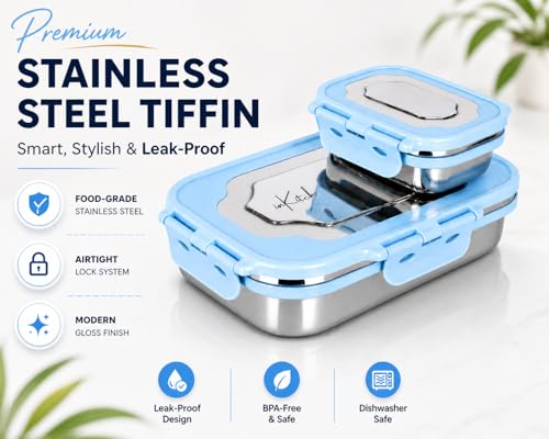 Image of Insulated Stainless Steel Lunch Box Combo Set 800ml with Airtight Leak-Proof Clip Lock Lid, Durable