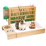 Rabbit Hay Feeder with Litter Box, 4 in 1 Wooden Bunny Hay Feeder Toilet Combine with Litter Box Pan Designed for Rabbits Small Pets Guinea Pig Bunny Hamster