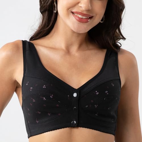 Image of Bras for Women, Charm Front Closure Bras for Women, Comfortable No Underwire Daisy Bra for Older Women Black 34
