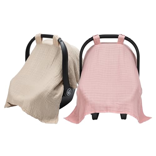 Image of Meracorallo Muslin Baby Car Seat Cover, Lightweight Breathable Soft Infant Carrier Cover Carseat Canopy for Baby Boys and Girls, Pink & Beige