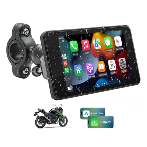 Central Multimídia MP5 para Moto 4.7' com Tela Touch Portátil – CarPlay e IOS Android Auto, Bluetooth, à Prova d’Água, GPS, USB, Áudio Veicular