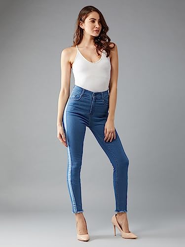 Image of Dolce Crudo Women's Blue Skinny High Rise Clean Look Fringe and Silky Denim Tape Detailing Cropped Denim Jeans