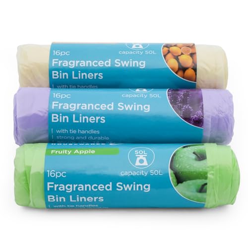 Bolsas de basura perfumadas de 50 litros con asa de amarre, 48 bolsas de basura oscilantes (16 manzanas afrutadas, 16 limón afrutado y 16 lavanda) | Bolsas de basura para cocina y baño | Bolsas de