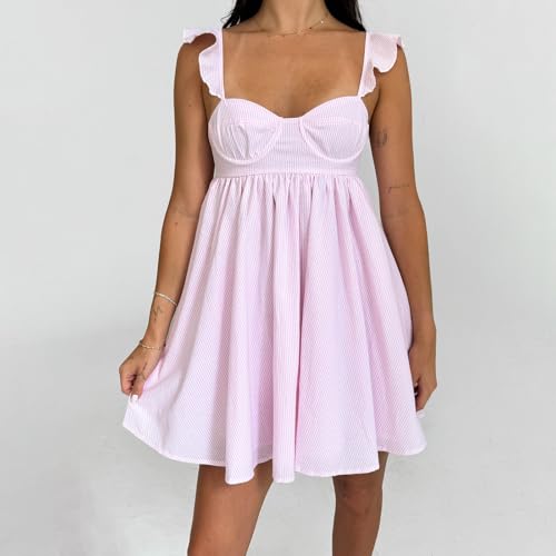 Image of Women Y2k Tie Shoulder Mini Dress Sleeveless Flowy Babydoll Dress Boho Floral Aline Short Sundress