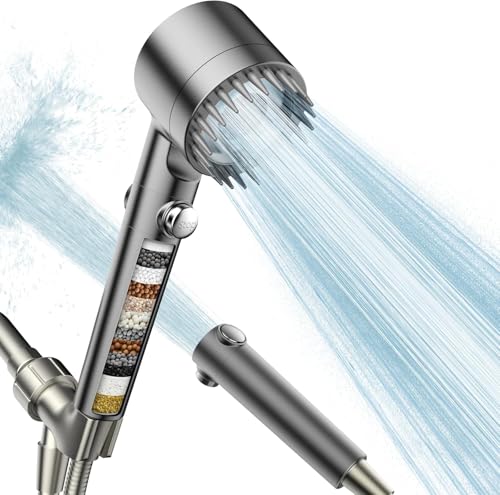 Image of PWERAN Filtered Head Shower, High Pressure Water Flow and Multiple Spray Modes Head Shower for Bath, Power Wash for Hard Water with ON /OFF Switch for Bath (Gray)