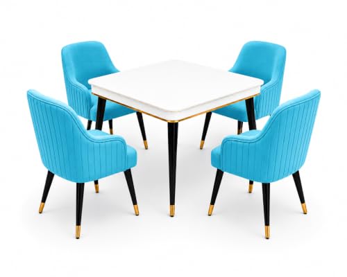 Image of WOODEN SPACE 4 Seater Wooden Dining Table Set | Urban Marble Top Dining Table with Chairs for Dining Room & Kitchen (Modern Zyro Sky Blue) (42 x 42 x 30 inch)