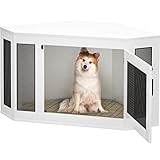 Armocity Corner Dog Crate Furniture, Wooden Dog Crate End Table with Cushion, Indoor Use Dog Kennel with Removable Door, Dog House Dog Crates Cage Furniture for Small/Medium Dog, White