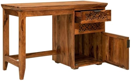 Image of Study Table with Chair | Wooden Study Desk for Students | Solid Sheesham Wood Writing Desk for Adults with Chair | Office Desk (Teak Finish)