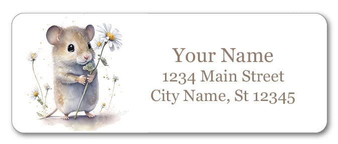 Personalized Return Address Labels - Cute Mouse with Flowers Design - 60-1000 Custom Self-Adhesive Stickers