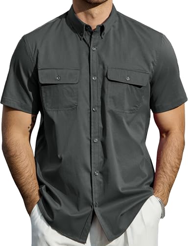 JOGAL Mens Button Down Short Sleeve Shirt Regular Fit Button Up Work Shirts with Two Pockets Dark Grey X-Large