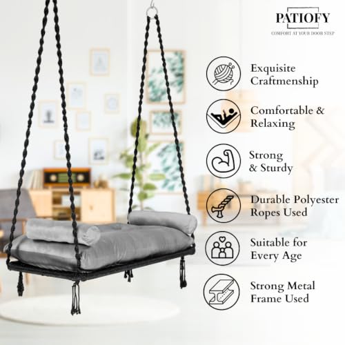 Image of Patiofy Double Seater Plank Swing for Adults | Indoor and Outdoor Use | Jhula for Adults with Grey Sitting Cushion & With Round Bolster Pillow | Hanging Kit Included | Weight Capacity - 150 Kg - Black