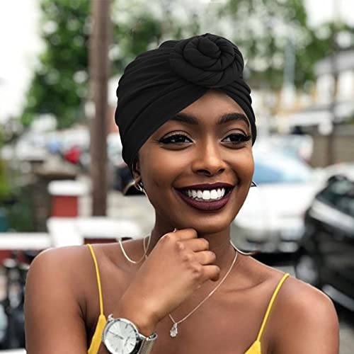 Image of DRESHOW 5 Pack Knotted Headwraps for Women African Turban Pre-Knotted Beanie Headwraps Hair Covers