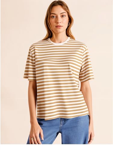 Image of Mack Jonney Oversized | Loose Fit | Half Sleeves 100% Cotton Round Neck Striped T-Shirt for WOMEN-MACK640558