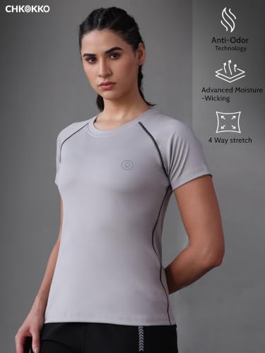 Image of CHKOKKO Women's Compression Gym T-Shirt for Running, Workout, Training, Sports & Activewear | Quick Dry Breathable Stretch Fabric | Body Fit Half Sleeve Athletic Sports Tee for Women