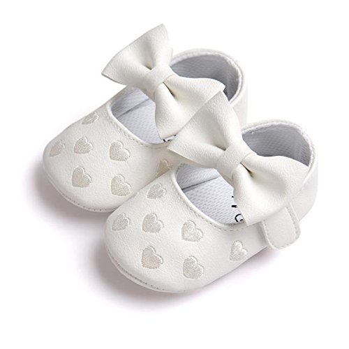 Soft Sole Leather Baby Shoes - Infant Baby Walking Shoes Non-Slip Rubber Sole Crib Shoes with Bowknot for 0-18M White