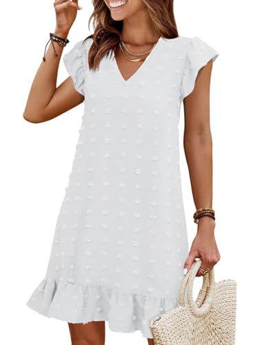 QACOHU Spring Summer Dresses for Women 2025 V Neck Cap Sleeve Ruffle Hem Smock Short Casual Beach Dress