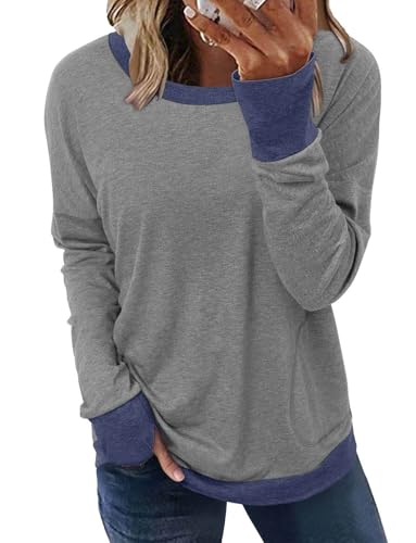 ONLYSHE Women's Long Sleeve Crewneck Shirts Lightweight T Shirts Thumb Holes Tops for Fall Spring Winter,GrayDBlue,Large