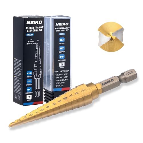 Image of NEIKO 10601A Step Drill Bit, 13 Steps 1 /8 inch to 1 /2 inch Straight High Speed Steel, Titanium Nitride Coated, 1 /4 inch Quick Change Step Bits for Steel, Metal, Wood, Plastic, Unibit Cone Drill Bits, Two Flute