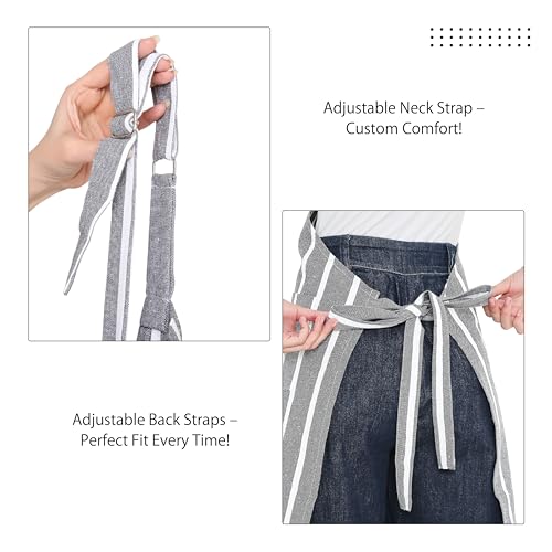 Image of Encasa XO Cotton Cooking kitchen Apron for Women and Men chef apron With adjustable neckstrap, Pocket & Towel Holder for Easy cooking, Baking, BBQ, Gardening- Roma Grey Stripes, 68x85 cm