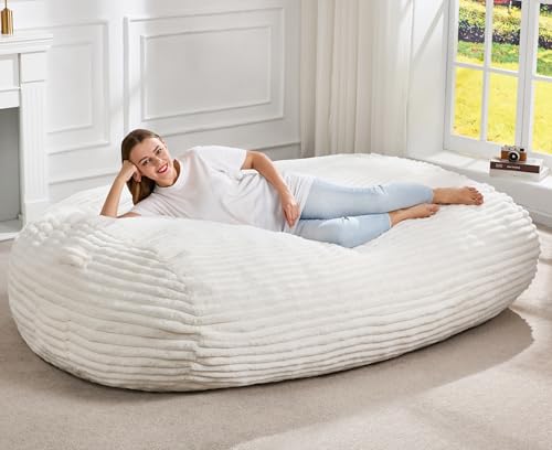 Image of Hobestluk 5FT Bean Bag Chairs Adult Bean Bag with Portable Handle Comfy Large Bean Bag Lounge Chair with Removable Cover for Living Room Bedroom (Stripe White, 5FT)