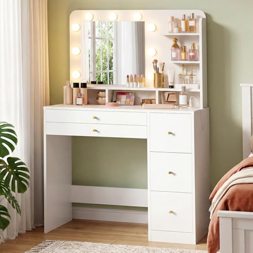 RALGEND Tocador de Cinco Cajones con Espejo e Iluminación LED Ajustable, Mesa con Base de Carga, Iluminación de 3 Colores, Mesa de Maquillaje, Adecuado para Dormitorios o Vestidores, Blanco