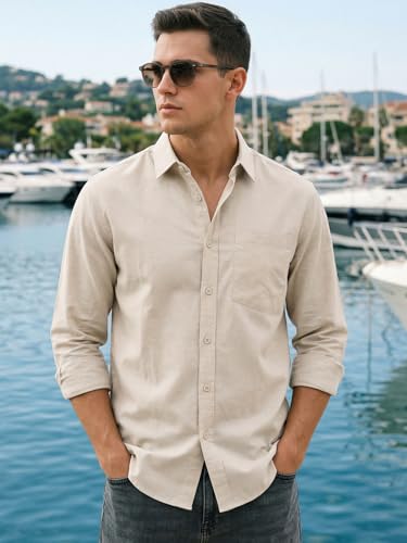 Image of Bewakoof Mens Solid Regular Fit Full Sleeve Collar Cotton Linen Blend Shirt