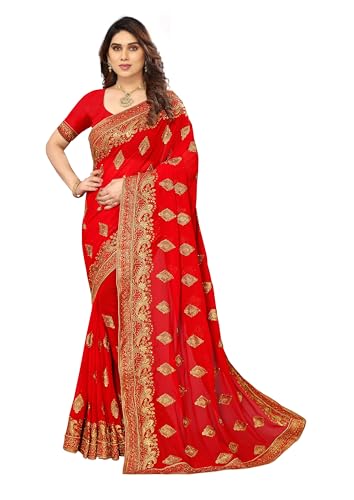 Image of B BELLA CREATION Women's Maroon Georgette Saree with Heavy Golden Embroidery Work & Unstitched Blouse Piece