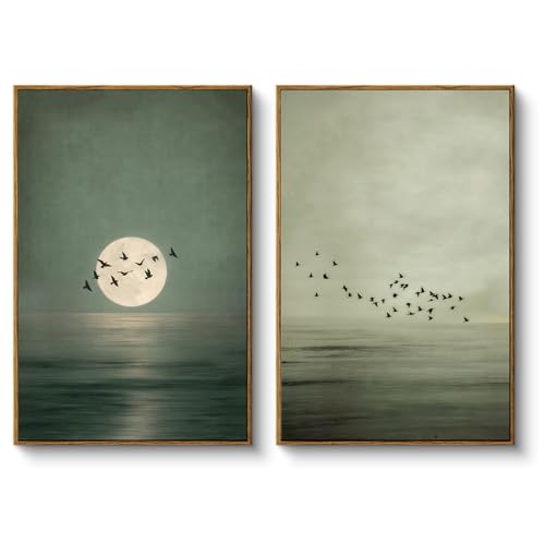 HUARCEY Large Coastal Moon and Flying Birds Framed Artwork 16x24 Canvas Prints, Wall Art Set of 2, Vintage Zen Minimalist Style, Neutral Dark Green Wall Decor for Bedroom Living Room