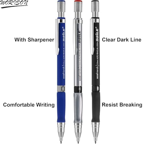 Image of worison 3pc Multicolored 2B Mechanical Pencil Set with 2.0mm Tip - Includes 12 Black and 12 Multicolor Leads in Portable Storage Case for Writing, Drawing, Coloring, and Creative Work