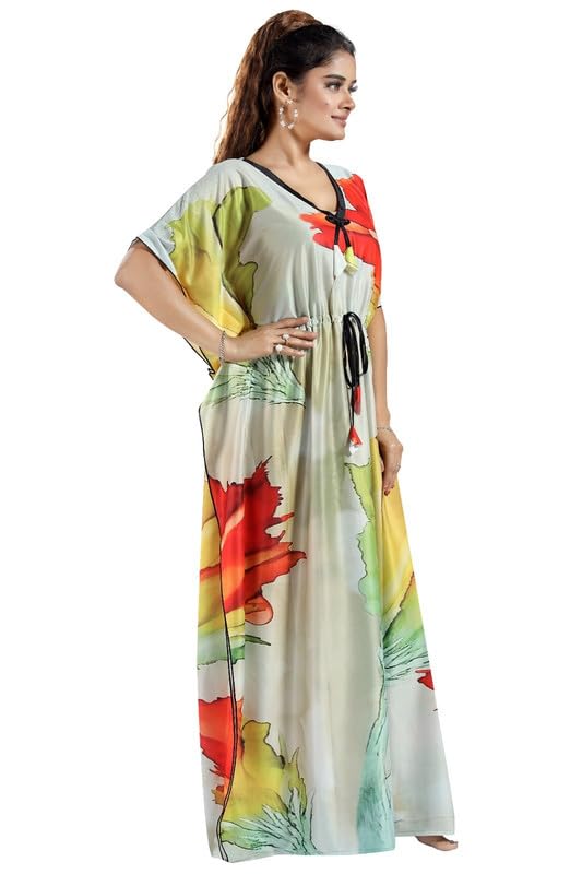 Image of Women's- Kaftan /Nighty /Maxi /Gown /Nightdress /Nightwear Serena Fabric- V-Neck Floral Print
