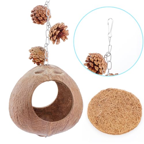 Image of VTurboWay Natural Coconut Shell Bird Nest with Coconut Fiber Mat Breeding Nesting Anti-Pecking Bite for Small Bird Parrot Cockatiel Conure Lovebird Canary Finch