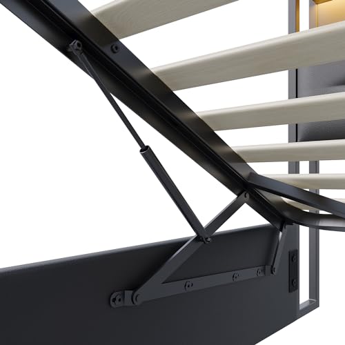 PerGar Bett 140x200 mit LED und USB, Polsterbett mit Hydraulisch stauraum, Kopfteil mit Stauraum, Doppelbett, Stauraumbett, Bettgestell, Lattenrost, schwarz, PU-Leder, Ohne Matratze