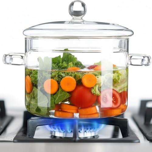 Hemoton Clear Glass Simmer Pot with Lid for Stovetop Potpourri, 1.9L/64 Fl Oz Borosilicate Glass Pots for Cooking on Stove, Cookware Stovetop Saucepan for Soup, Pasta, Milk, Fruit, Tea