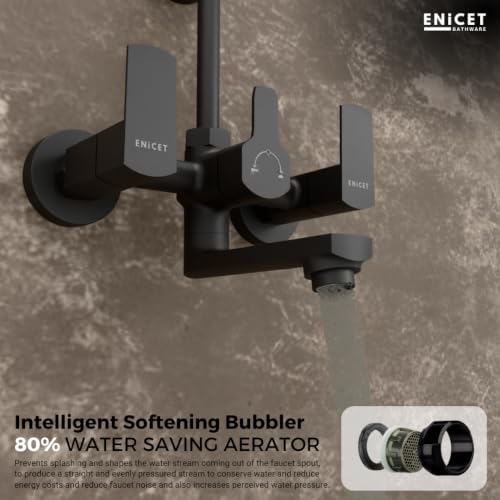 Image of ENICET 2 in 1 Wall Mixer with Shower for Bathroom, Matte Black, Brass Build, 220mm Long Bend Pipe Provision, Shower Set, Mixer Tap for Bathroom (KE121SBLACK)